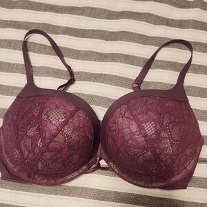 Victoria's Secret Lace Bra - Wine Color Lace And Faux Leather Bombshell Push Up